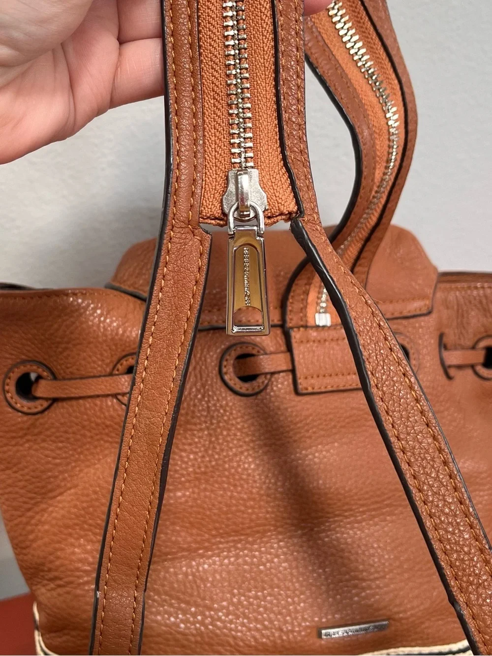 Rebecca Minkoff Cognac Brown Leather Raffia Backpack Purse Convertible Strap